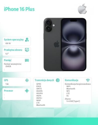 Smartfon APPLE iPhone 16 Plus 256 GB Czarny MXWN3HX/A na Arena.pl