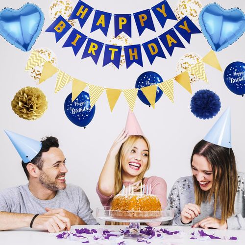 Zestaw Balonów Dekoracje na Urodziny Niebieskie Złote Konfetti Girlanda na Arena.pl