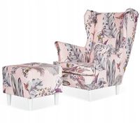 Fotel uszak ARI PRINT z podnóżkiem skandynawski  różowy