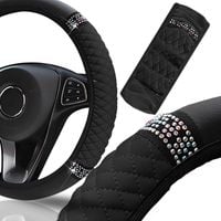 CZARNY POKROWIEC NA KIEROWNICĘ NAKŁADKA PIKOWANA CEKINY UNIWERSALNA 36-38CM