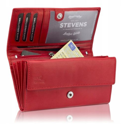 Duży Pojemny Portfel Damski Skórzany STEVENS Czerwony Z Ochroną RFID na Arena.pl