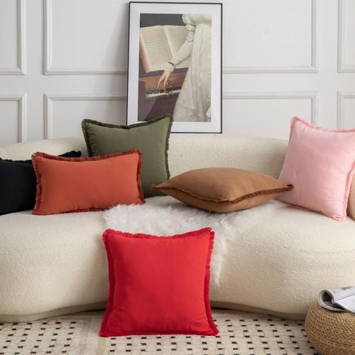 Zestaw 4 Poszewek Bawełnianych Boho z Frędzlami 60x60 cm Pomarańcz Brąz na Arena.pl