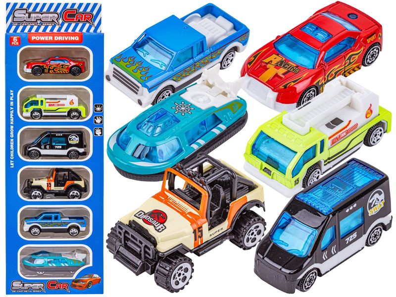 Metalowe Pojazdy, Auta, Resoraki 6 Sztuk Zestaw 1:64 Pojazd SWAT, Poduszkowiec, Jeep Turystyczny zdjęcie 1