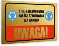 Tabliczka znak informacyjny 30x20 Złota STREFA HAŁASU Nierdzewna NADRUK UV