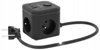 Czarna kostka zasilająca KERG 3-gni USB-A/C, kabel 1,5m, 3680W
