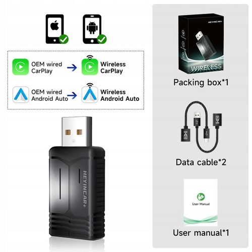HEYINCAR 2 w 1 Bezprzewodowy adapter samochodowy Apple Carplay Android na Arena.pl