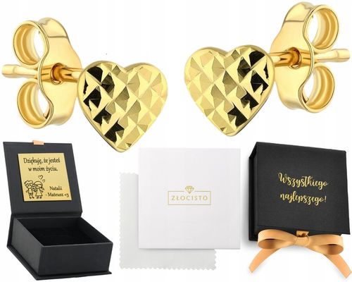ZŁOTE KOLCZYKI SERCA DIAMENTOWANE ZŁOTO 585 14K GRAWER PREZENT na Arena.pl