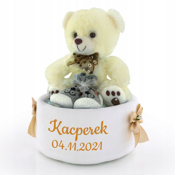 Tort z pampersów rozmiar 3 miś kocyk z haftem Prezent na chrzest roczek zdjęcie 1