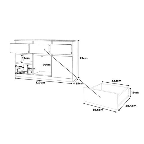 Komoda Młodzieżowa 3 Szuflady 120cm Pojemna Szafka Rtv Biała Dąb Wotan na Arena.pl