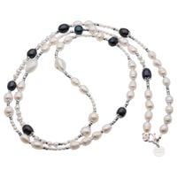 Naszyjnik długi - Perły białe, czarne, hematyt i srebro