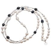 Naszyjnik długi - Perły białe, czarne, hematyt i srebro