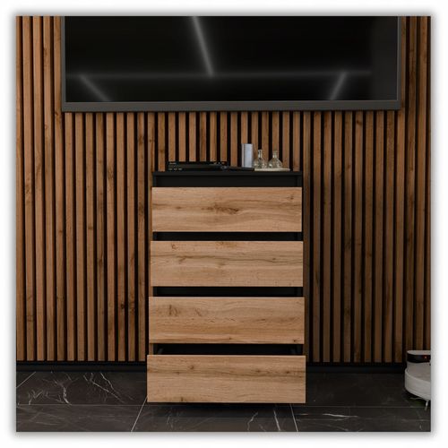 KOMODA Z SZUFLADAMI CZARNA DĄB WOTAN 60CM NOWOCZESN POJEMNA SZAFKA RTV na Arena.pl