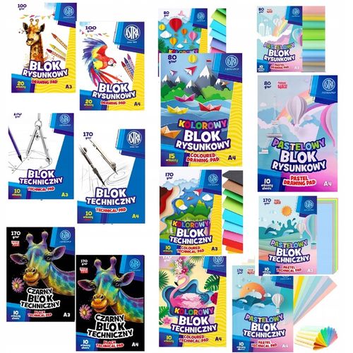 ASTRA ZESTAW BLOKÓW RYSUNKOWE, TECHNICZNE, BIAŁE KOLOROWE, BLOKI A4, A3 na Arena.pl