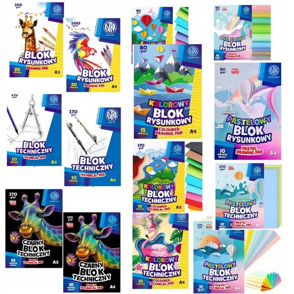 ASTRA ZESTAW BLOKÓW RYSUNKOWE, TECHNICZNE, BIAŁE KOLOROWE, BLOKI A4, A3 zdjęcie 1