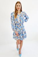 Niebieska Sukienka w Kwiaty z Falbanami Mini UNI