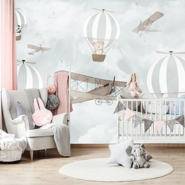 Fototapeta Dla Dzieci ZWIERZĘTA Balony Samolot Vintage 135cm x 90cm zdjęcie 12