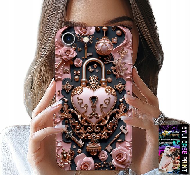 ETUI DO IPHONE 16e - KOBIECE, MODNE WZORY, KŁÓDKA SERCE RÓŻA zdjęcie 1