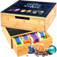 ORGANIZER POJEMNIK BAMBUSOWY PUDEŁKO NA KAWĘ HERBATĘ ZE SZKŁEM SZUFLADĄ 2w1