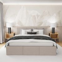 ŁÓŻKO TAPICEROWANE DO SYPIALNI 180x200 ŁÓŻKO PODWÓJNE Z POJEMNIKIEM BEŻOWE