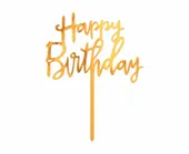 Topper na tort akrylowy "Happy Birthday" złoty, 10x14 cm