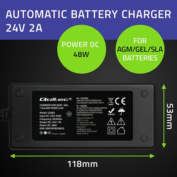 Qoltec ładowarka do akumulatorów 24V 2A zdjęcie 5