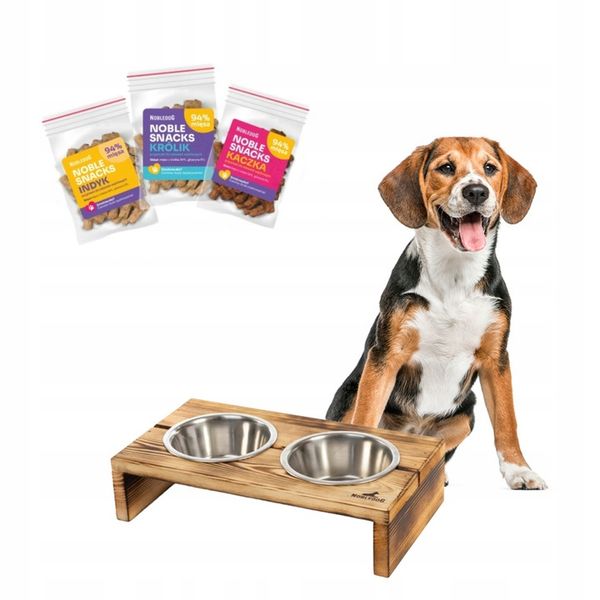 MISKI NA STOJAKU psa ŚREDNIEGO STOJAK DREWNIANY bufet 2x 0,9 L +treserki zdjęcie 1