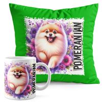 ZESTAW KUBEK + PODUSZKA ZIELONA - PIES PSY PIESEK RASA POMERANIAN SZPIC