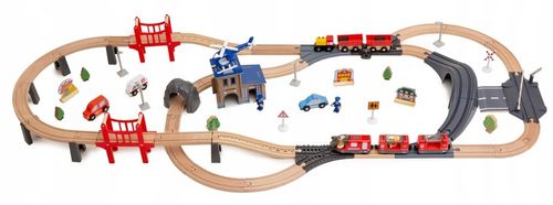 Drewniana Kolejka Elektryczna POCIĄG NA BATERIE x2 WAGONY TUNEL TOR Dźwięk na Arena.pl