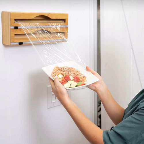 DOZOWNIK BAMBUSOWY DO FOLII SPOŻYWCZEJ Z OBCINACZEM KUCHENNY DWUKOMOROWY na Arena.pl