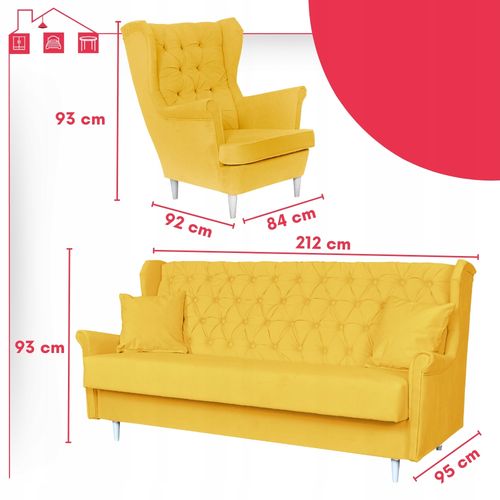 Rozkładany zestaw wypoczynkowy z wersalką fotele uszaki ŻÓŁTY na Arena.pl