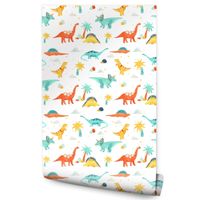 Tapeta Dziecięca Kolorowe DINOZAURY Chmurki Palmy