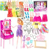LALKA SUKIENKI TOALETKA KOSMETYKI UBRANKA DLA LALEK AKCESORIA DUŻY ZESTAW