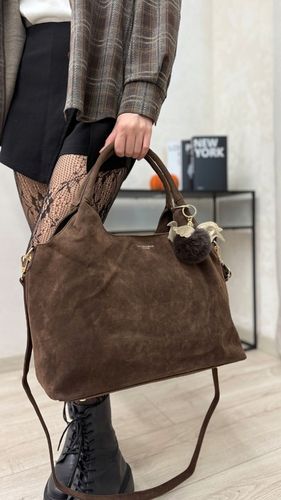 Torebka Flora&Co czekoladowa SHOPPER eco zamsz z brelokiem pompon na Arena.pl