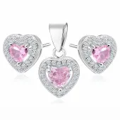 RODOWANY SREBRNY KOMPLET SERC Z RÓŻOWĄ I BIAŁYMI CYRKONIAMI SREBRO 925