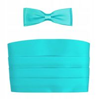 Jasnoturkusowy pas smokingowy z muchą slim i poszetką P2