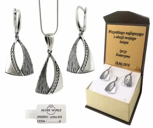 KOMPLET BIŻUTERII SREBRNEJ 925 AŻUROWY CYRKONIE SWAROVSKI + GRAWER GRATIS zdjęcie 1