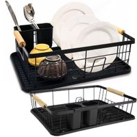 SUSZARKA DO NACZYŃ STALOWA Z DREWNIANĄ RĄCZKĄ OCIEKACZ NA TALERZE KUBKI