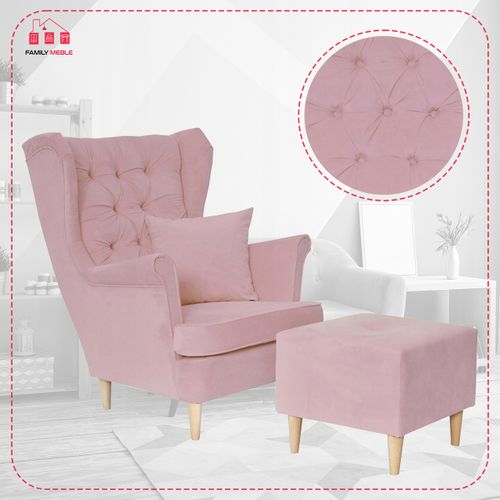 Fotel uszak Gaja z podnóżkiem skandynawski Family Meble z pufką różowy na Arena.pl