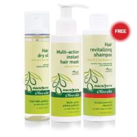 Zestaw MACROVITA Olive.elia: suchy olejek do włosów 100ml + maska do włosów 150ml + GRATIS szampon regenerujący 200ml