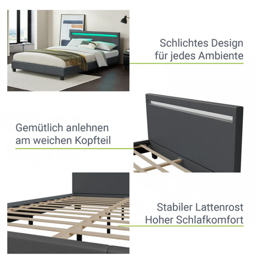 Łóżko tapicerowane z oświetleniem LED i stelażem 140 cm szare na Arena.pl