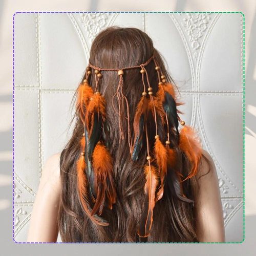 Opaska na włosy na rzemyku boho sztuczne pióra pomarańczowe na Arena.pl