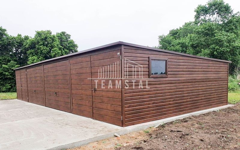 GARAŻ BLASZANY 12m x 5m poziom - spad tył 4x Brama - ciemny orzech TS224 12x5 zdjęcie 9
