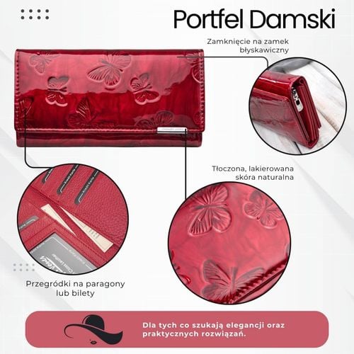 portfel damski skórzany duży czerwony lakierowany ze wzorem na Arena.pl