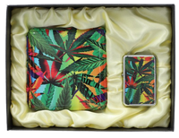 Papierośnica + Zapalniczka Benzynowa Zestaw Kolorowe Liście Marihuany