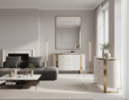 Komoda biała Sofia na złotych nogach z kamiennym blatem 140x40x85 na Arena.pl