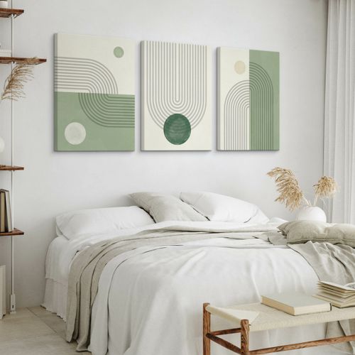 OBRAZY DO SYPIALNI SET ZIELONE WZORY GEOMETRYCZNE ABSTRAKCJA 90cm x 40cm na Arena.pl