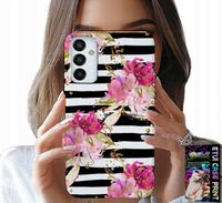 ETUI DO SAMSUNG GALAXY M13 4G - KWIATKI W CZARNO - BIAŁE PASKI WZORY