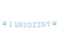 Baner papierowy 1 urodziny na roczek niebieski, 150 cm