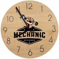 Bambusowy ZEGAR ścienny nadruk UV do garażu DLA MECHANIKA + nazwa firmy