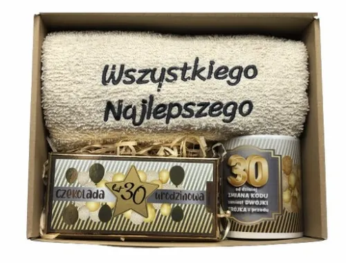 PREZENT NA URODZINY 18-70 Zestaw Kosz Prezentowy Ręcznik Kubek Czekolada na Arena.pl